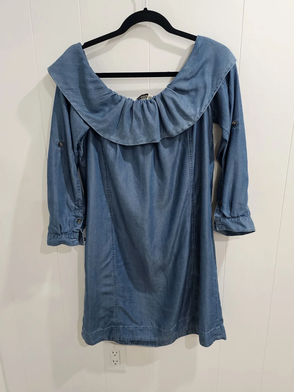 Anthropologie Chambray Ruffle Collar Shift Dress M Blue Lyocell Boho Minimalist - Picture 3 of 10